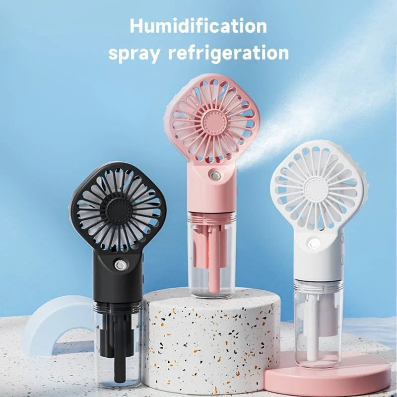 Powerful mini fan with mist humidification feature, delivering icy-cool, hydrating airflow for refreshing comfort