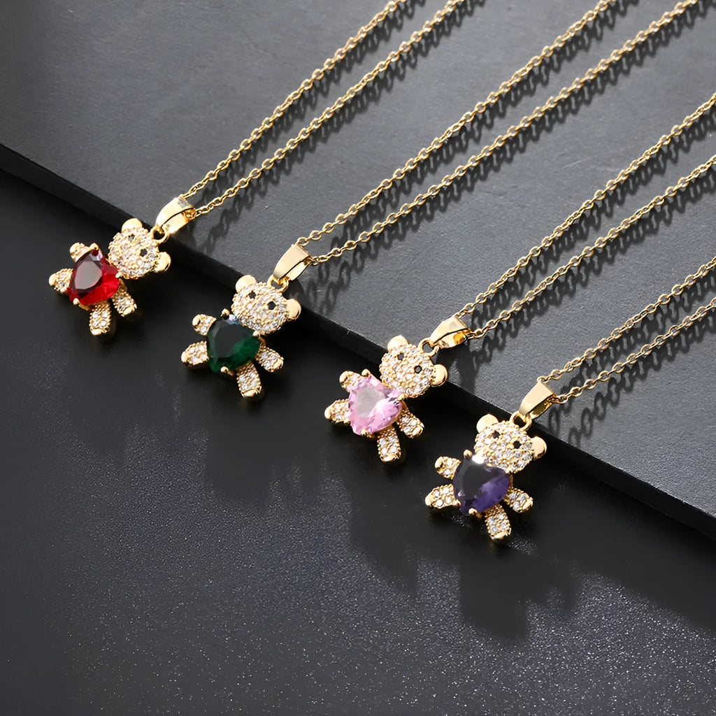 Copper micro inlaid zircon bear love gem necklace in green on adjustable chain for women