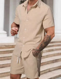 Men's striped casual suit with short sleeve shirt and matching shorts in polyester fabric