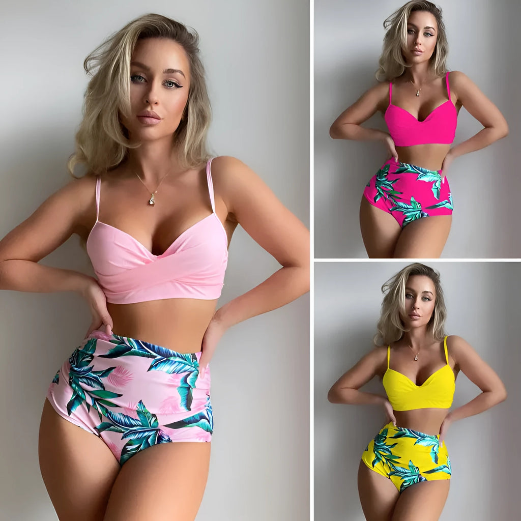 Women's floral print bikini set with steel bracket push-up bra and high-waisted briefs in multiple colours.
