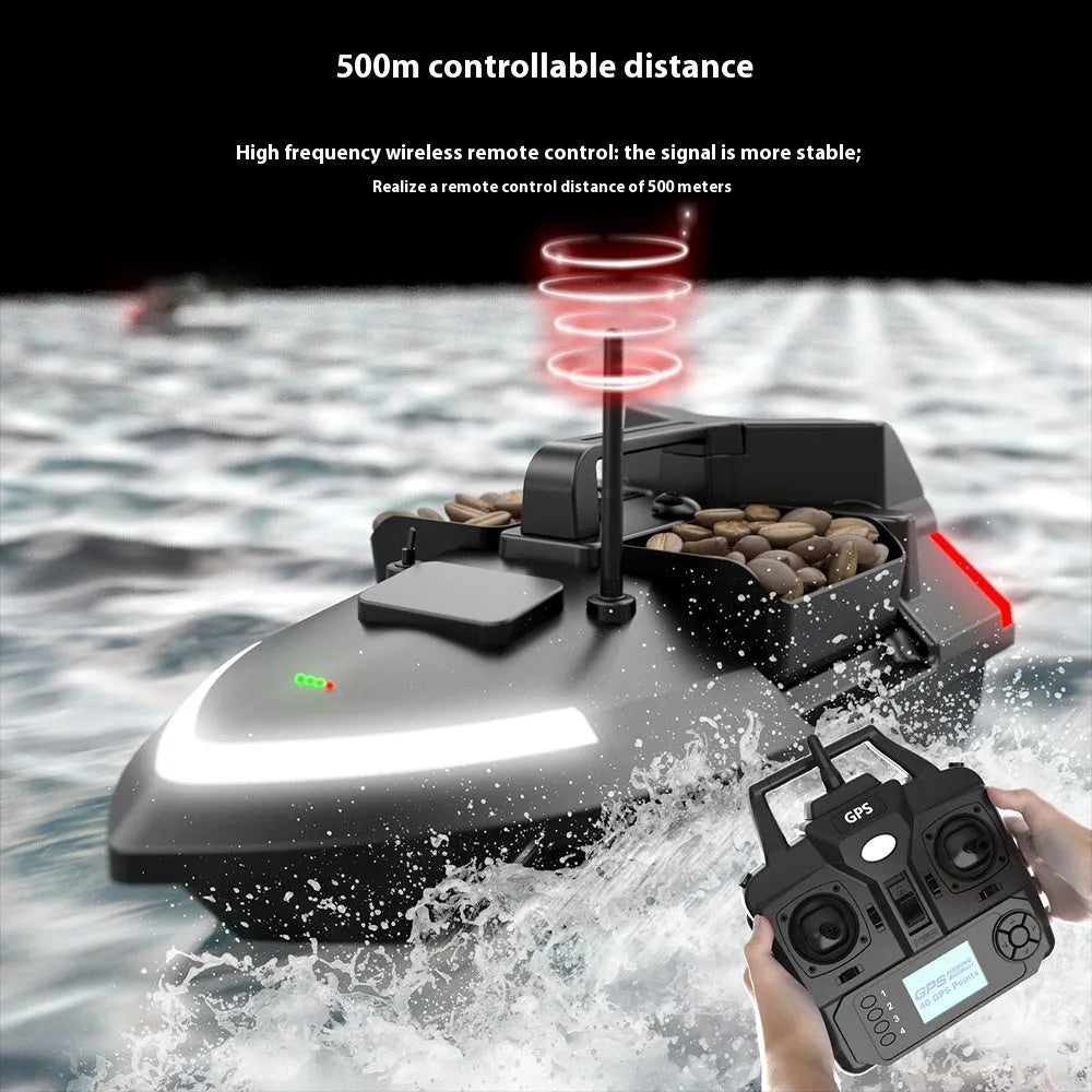 Black and luminous yellow remote control GPS fishing boat with antenna and LED light on open water.