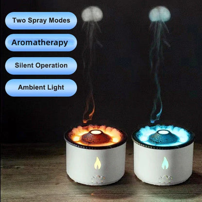 Ultrasonic essential oil diffuser with realistic flame and jellyfish smoke effects for calming ambiance