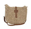 Beige handmade woven bag with a special-interest design and a long shoulder strap.