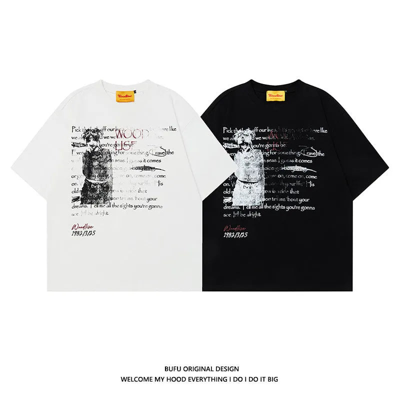 Men's black and white pure cotton T-shirt with printed letters and loose retro high street style