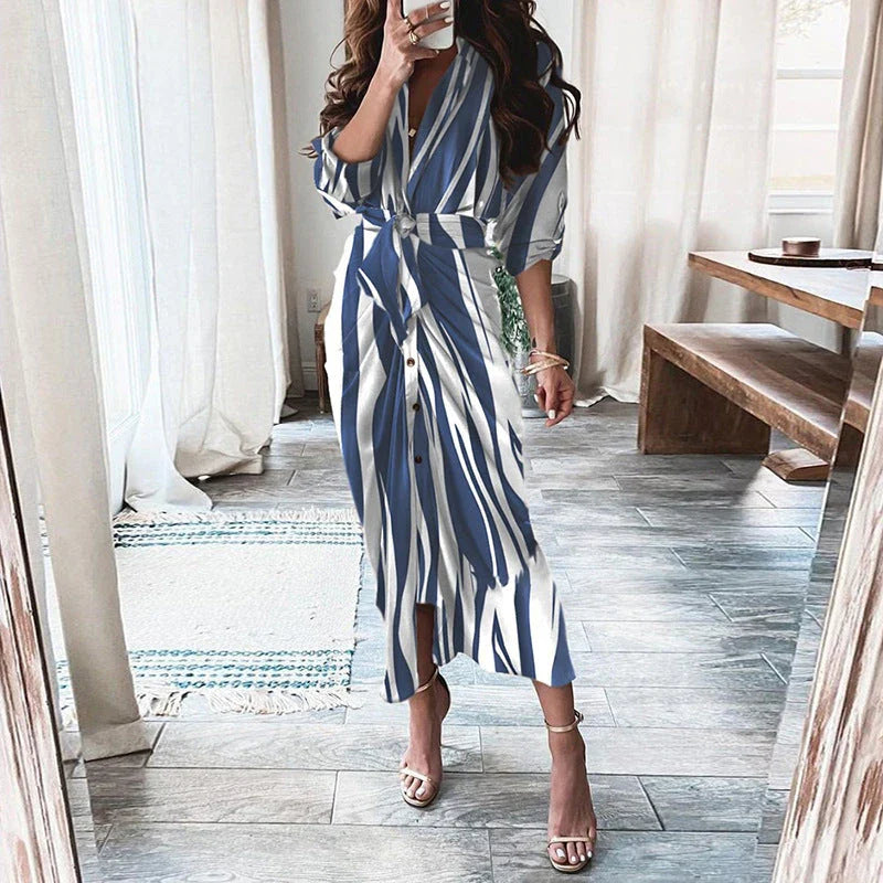 Elegant and chic floral print long-sleeved lace-up maxi dress with deep v-neck and empire waist