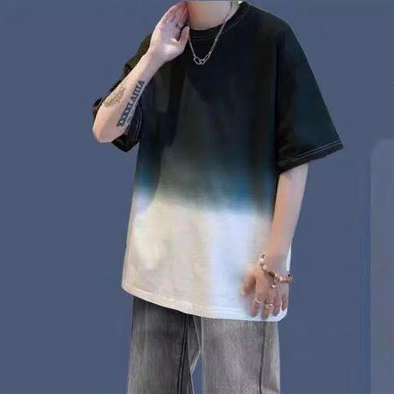Gradient short-sleeved men's cotton T-shirt and jeans trousers two-piece summer set, blue top with blue jeans