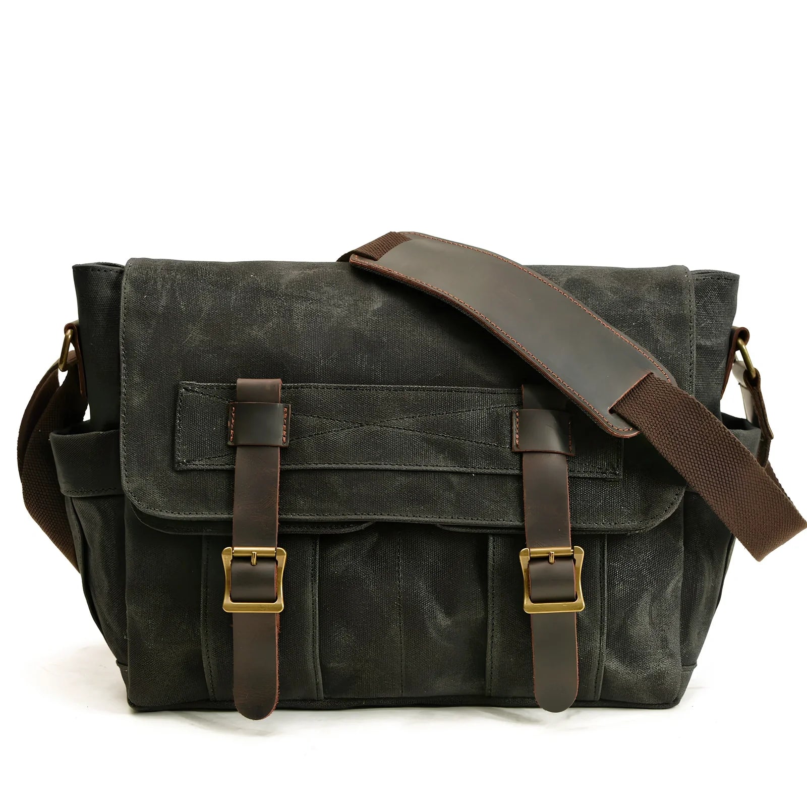 Retro men's canvas shoulder messenger bag in black, waterproof with internal pockets for laptop and phone, medium square size
