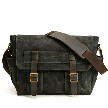 Retro men's canvas shoulder messenger bag in black, waterproof with internal pockets for laptop and phone, medium square size