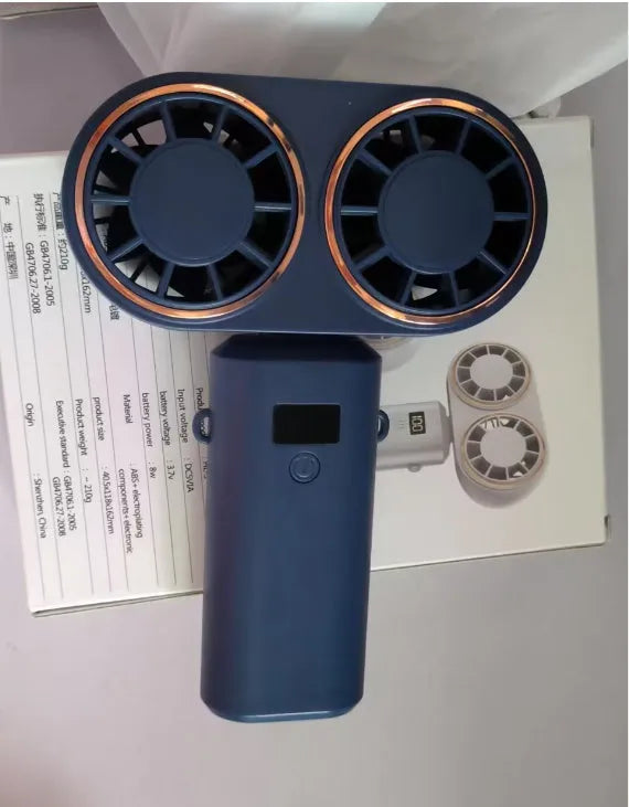 Foldable USB handheld fan with digital display in milky white colour showing battery indicator