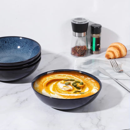 Peacock blue ceramic bowl set, 30oz capacity, dishwasher and oven safe