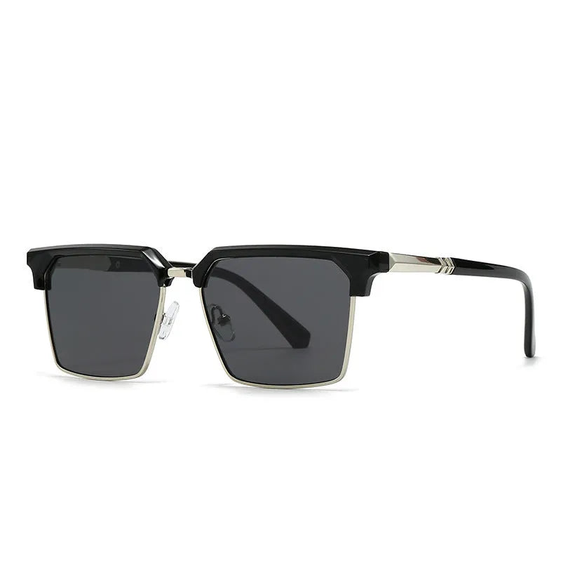 Men's square sunglasses with plastic frames shown in multiple colour options including black, grey, tea, green, and blue.