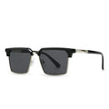 Men's square sunglasses with plastic frames shown in multiple colour options including black, grey, tea, green, and blue.