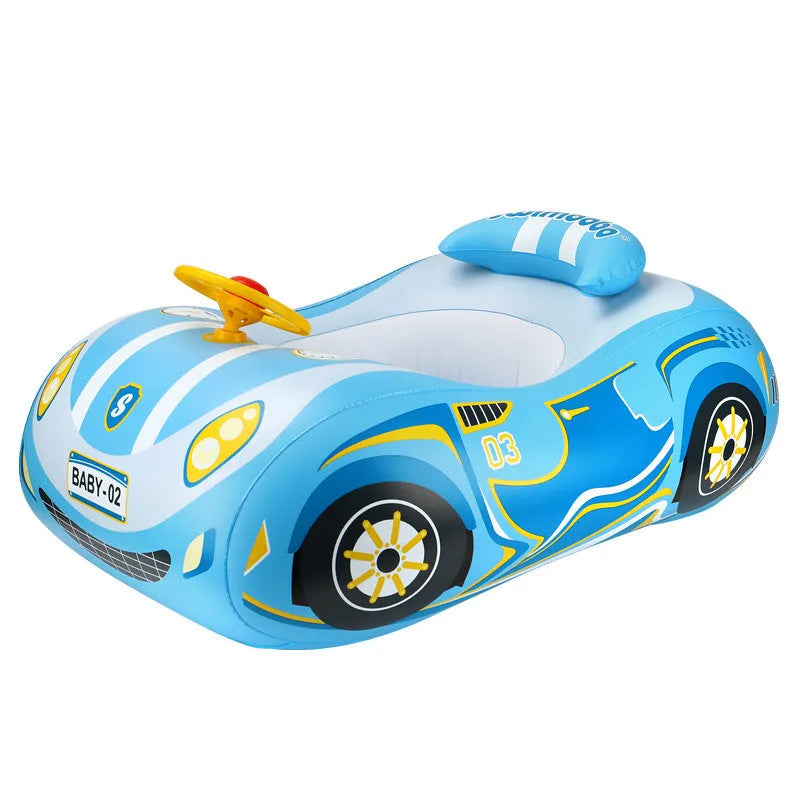 Pink inflatable swimming ring with cartoon sports car design for children's swimming