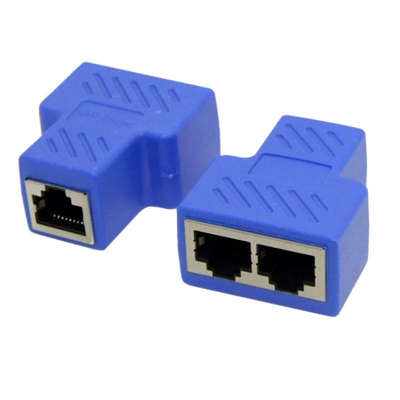 White RJ45 three-way network cable splitter adapter with one input and two output ports.
