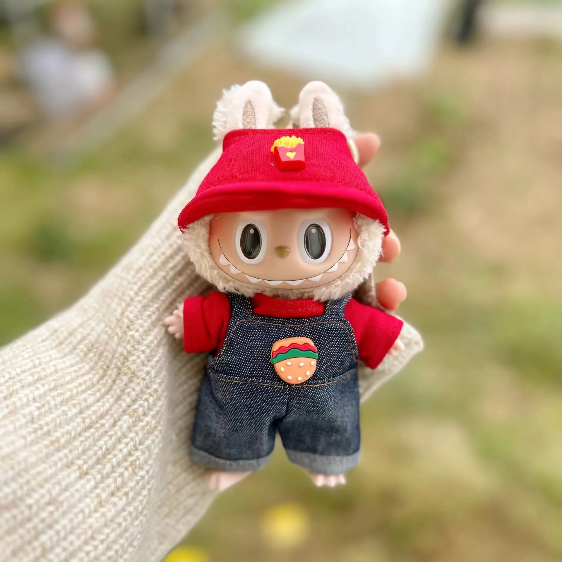 15cm doll clothes pendant in plush fabric, removable and washable, featuring a themed suit design for small dolls
