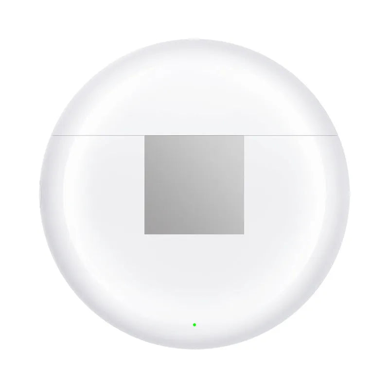 White Budz5 wireless Bluetooth semi-in-ear headphones with charging case on a table.