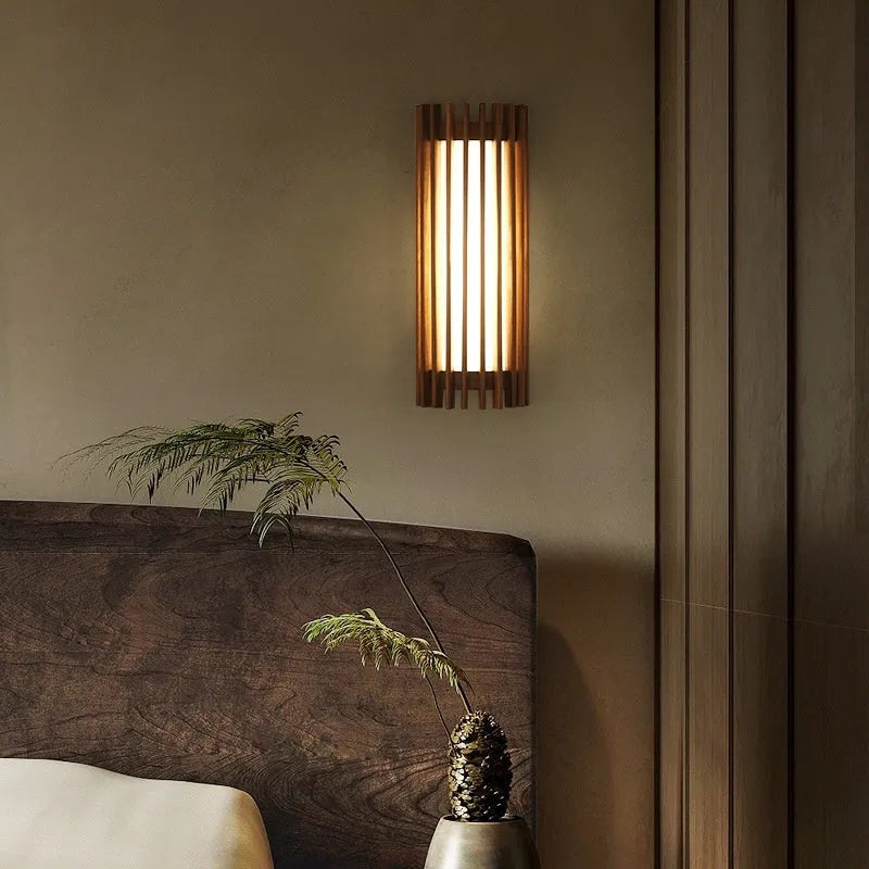 New Chinese style walnut wall lamp with wood art finish in a living room setting