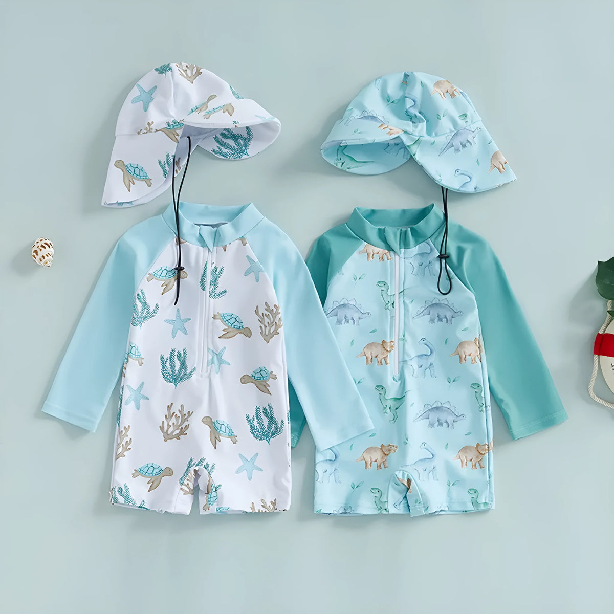 Children's one-piece long sleeve swimsuit with hat, polyester fibre, sizes 70-110, two colour options