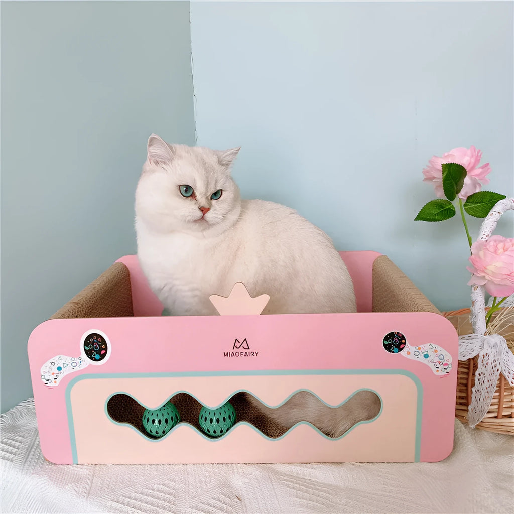Girl's heart corrugated pink cat scratch board with ball and mat for indoor cats