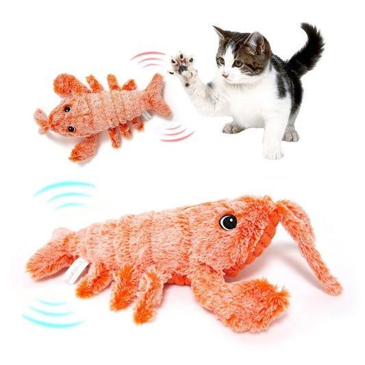 USB rechargeable interactive cat toy with lifelike jumping lobster design and swinging tail action