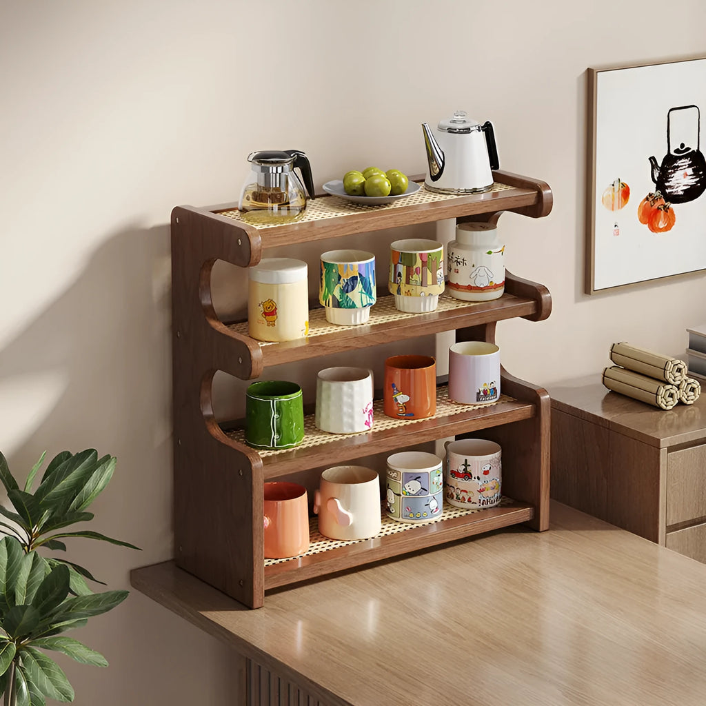 Multi-functional storage rack with 4 layers in bamboo density plate on a desktop, modern simplicity style