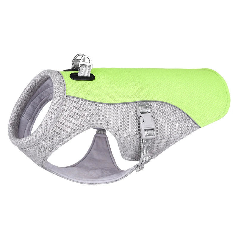 Breathable dog cooling vest in various colors and sizes, designed to keep pets cool and comfortable during outdoor summer activities