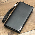 Men's black PU leather wallet with multifunctional zipper closure showing multiple compartments