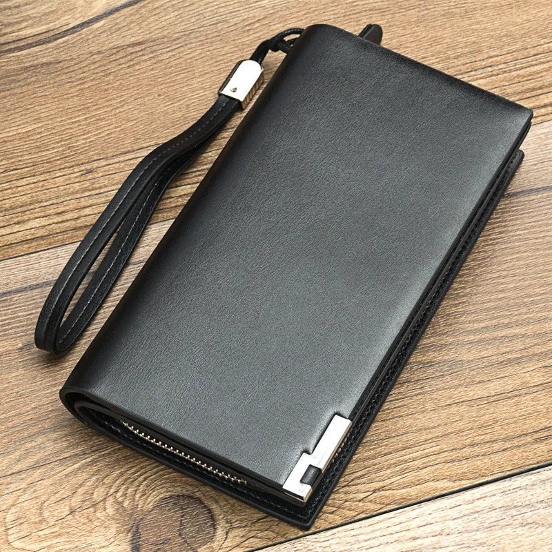 Men's black PU leather wallet with multifunctional zipper closure showing multiple compartments