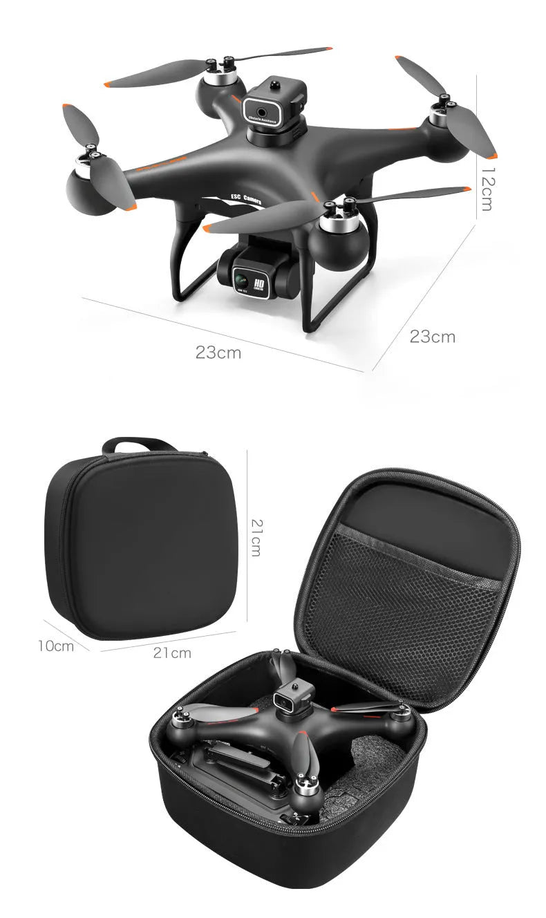Black HD brushless motor UAV quadcopter with four-side obstacle avoidance sensors and mounted HD camera.