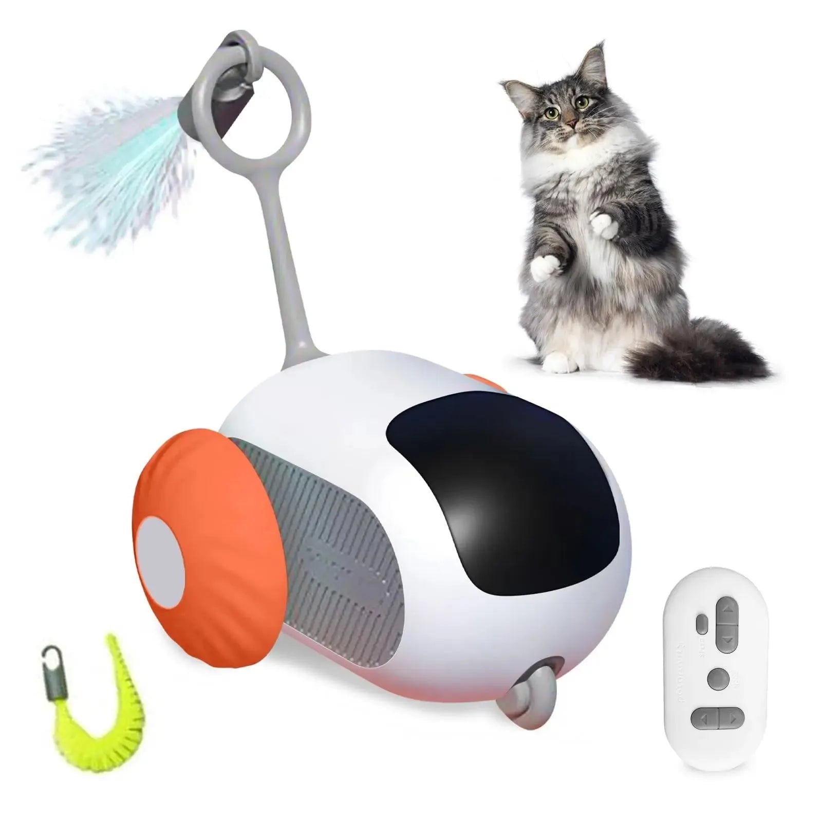 Smart electronic cat toy car with feather attachment on hard floor