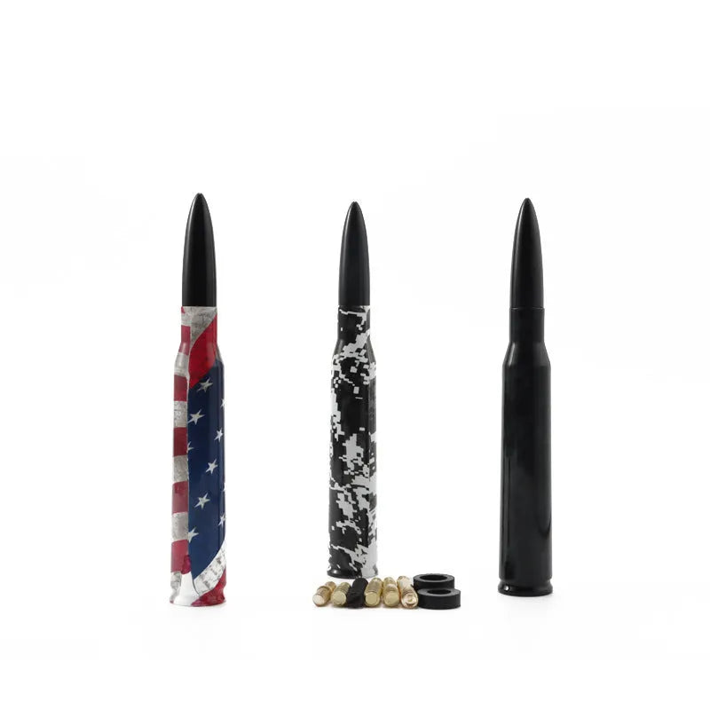 14cm bullet car antenna in camouflage, American flag and black designs