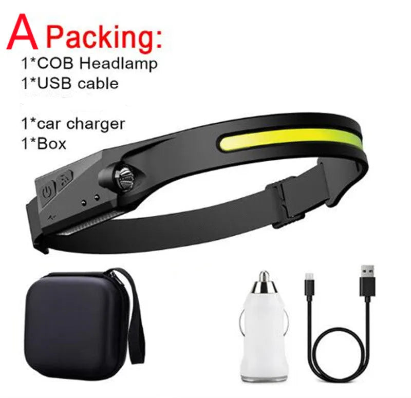 Black silicone USB-rechargeable headlamp with a wide COB LED lens and a side wave sensor.