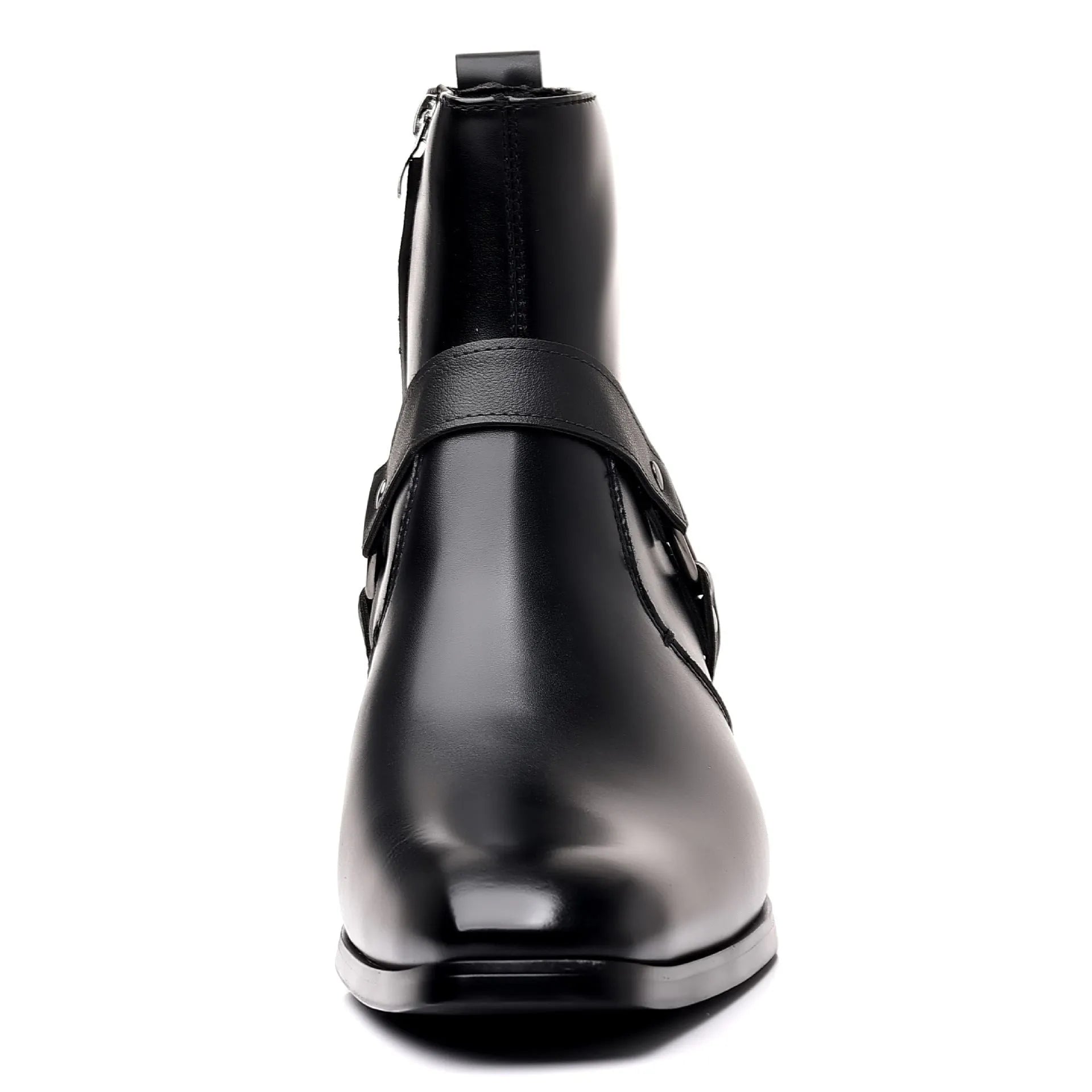 Black chain ankle boots with side zipper and horseshoe heels, square toe and rivet detailing