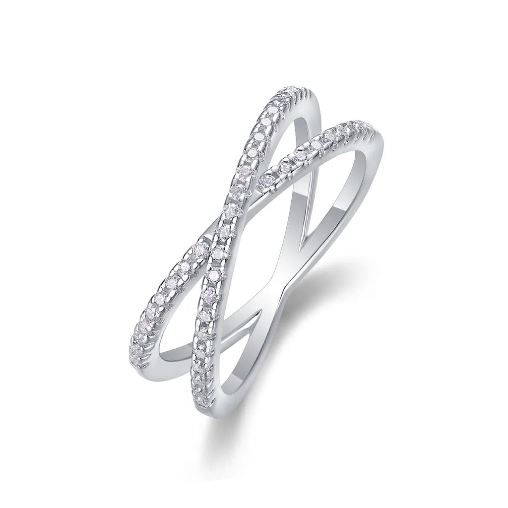 Love Interwoven moissanite wedding ring set in gold finish, S925 silver platinum plated, on white background with gift box.