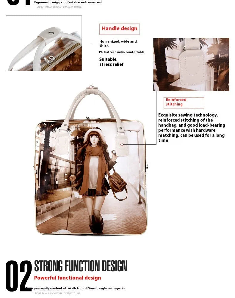 Medium blue college style waterproof travel bag with PU leather exterior and decorative splicing design