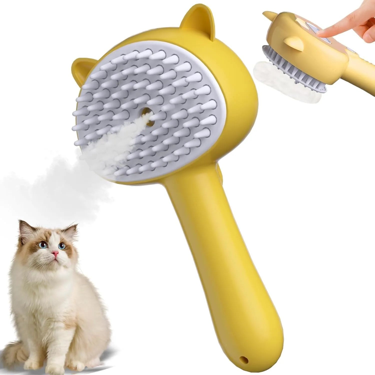 Blue pink yellow 4-in-1 pet steam brush with cat ear-shaped handle and release button