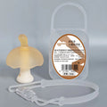 Small mushroom-shaped latex chewing gum in pink or nano colour with transparent box and chain.