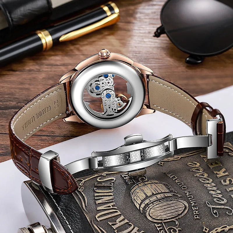 Men's luxury zircon mechanical watch on wrist with rose gold stainless steel strap.