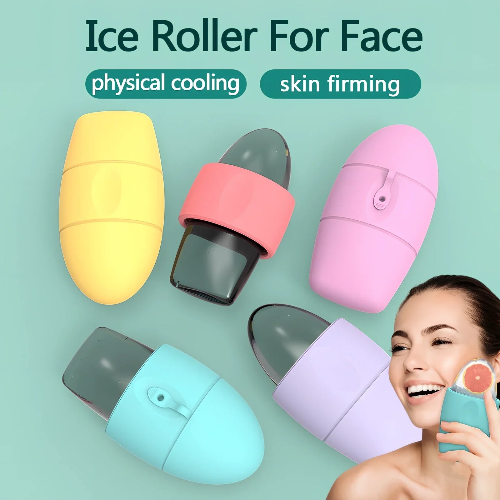 Pink silicone ice face roller mould for cooling massages, reducing pores and dark circles, compact 10-15cm design
