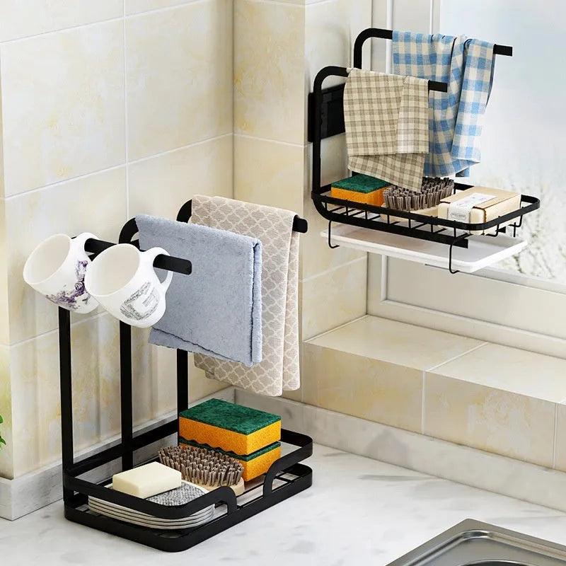 Foldable plastic kitchen storage rack for rags with wall and desktop mounting options