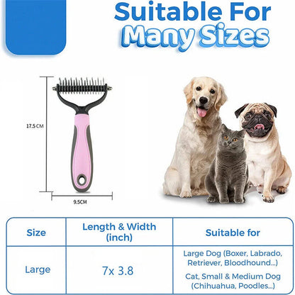 Dual-sided pet grooming brush in blue and pink for effective deshedding and dematting