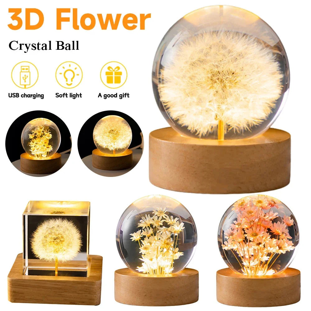 LED Night Light Flower Crystal Ball with wooden base, perfect for children's bedrooms