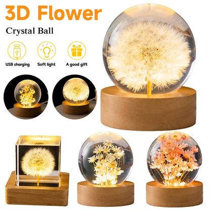 LED Night Light Flower Crystal Ball with wooden base, perfect for children's bedrooms
