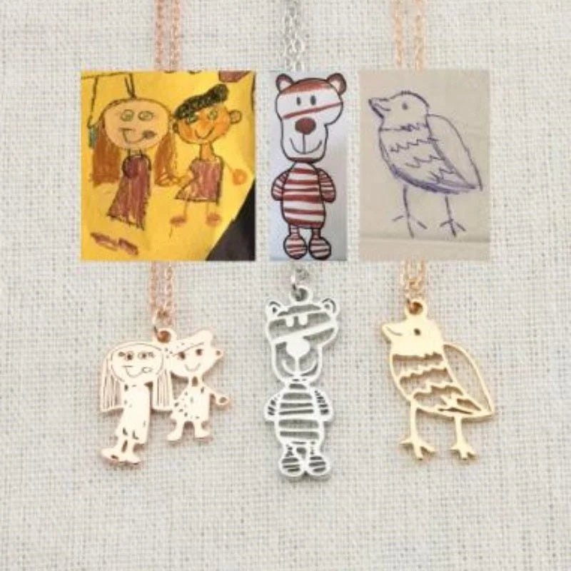 Custom stainless steel children's artwork necklace with gold, silver, and rose gold options