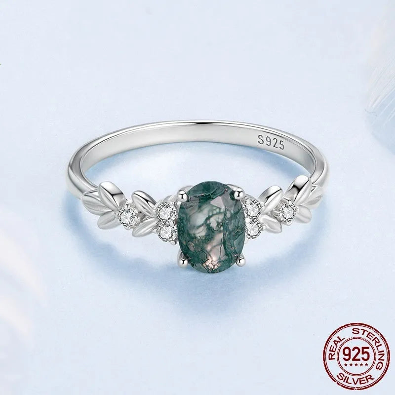 S925 sterling silver ring with natural seaweed agate centre, retro court style, geometry shape, available in size No 6, No 7, No 8
