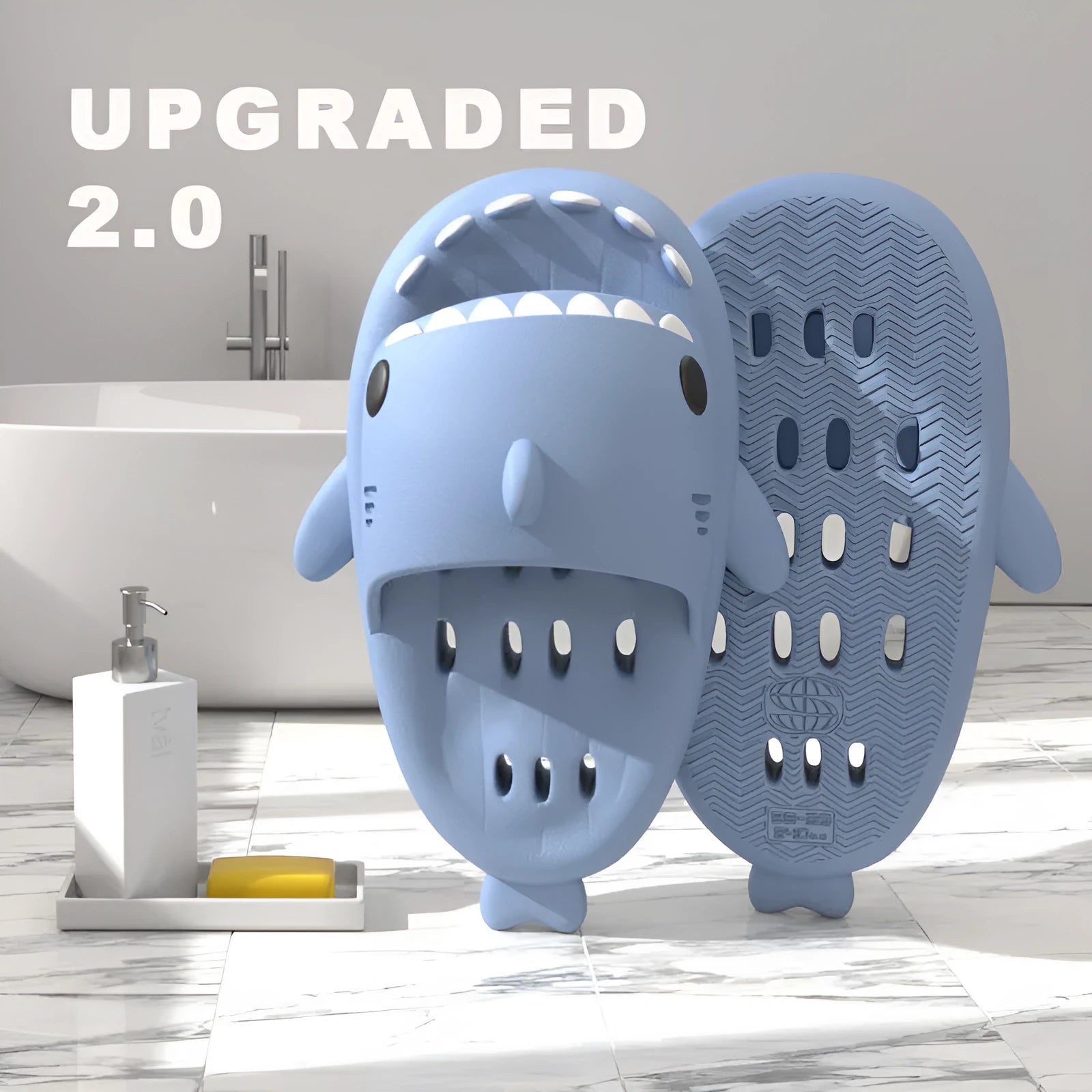 Shark slippers with drain holes, EVA quick-drying pool slides, non-slip sole, open-toe design, unisex shower shoes