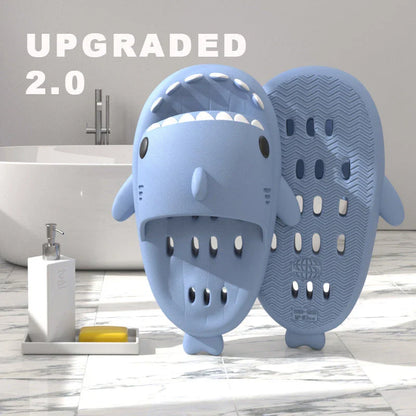 Shark-themed shower slides with drainage holes for women, featuring a realistic design, comfortable EVA material, and anti-slip features.