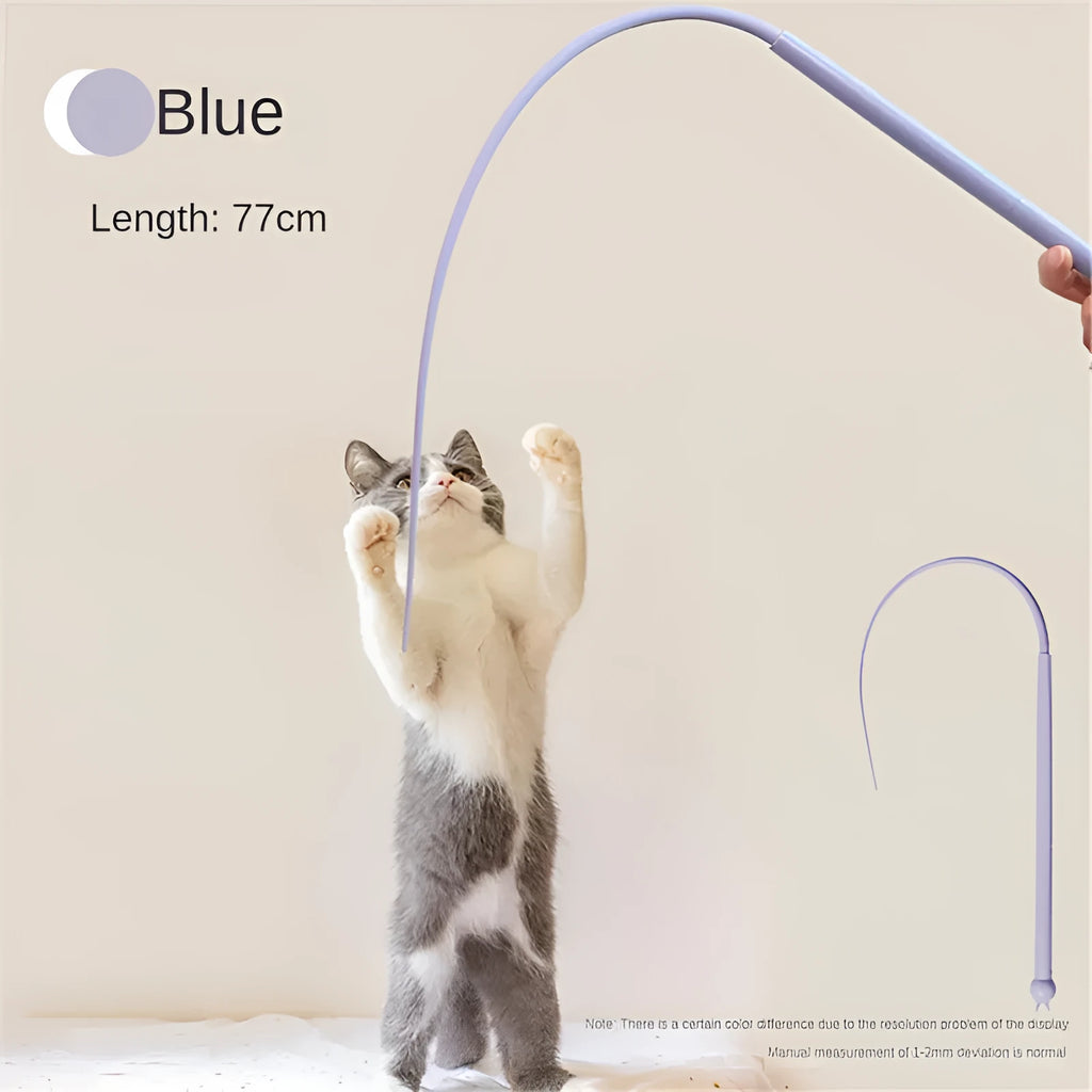 Blue simulated mouse tail cat teasing stick with silicone tail and cat head design for interactive play