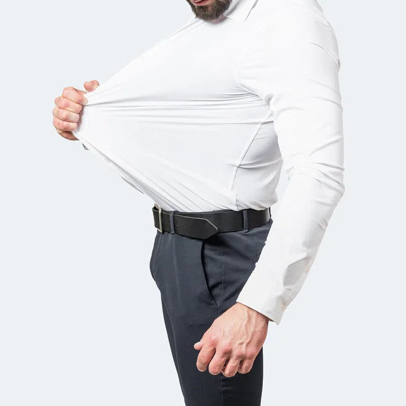 Men's solid colour slim fit polyester long sleeve business shirt in white and blue on a model
