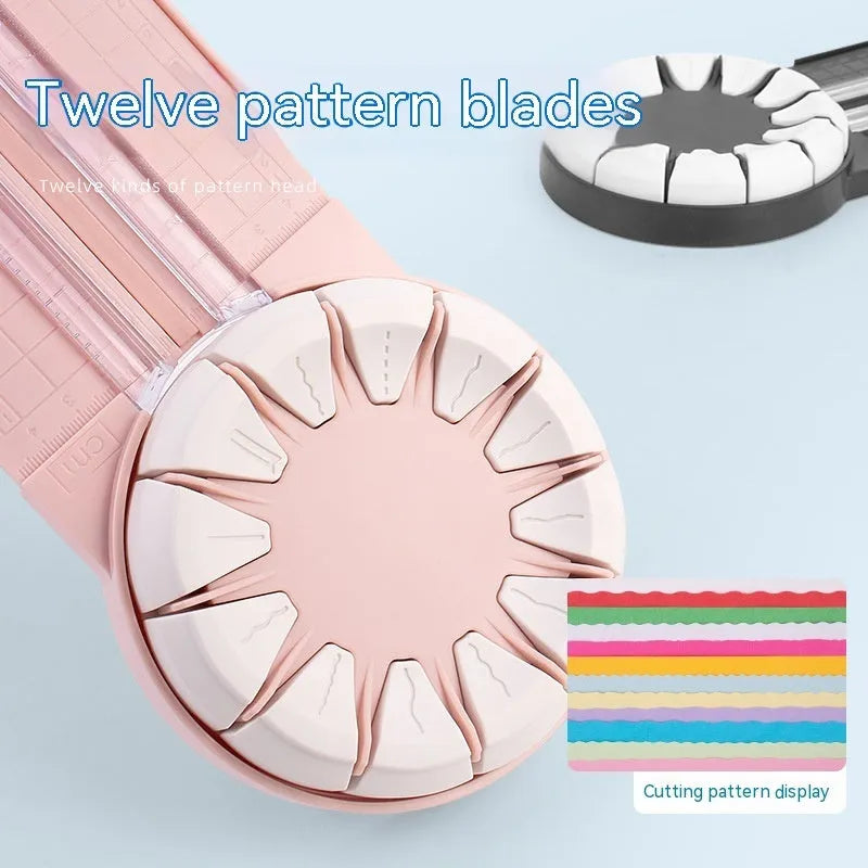 Pink and black 12-in-1 plastic dotted paper cutter on a white background.